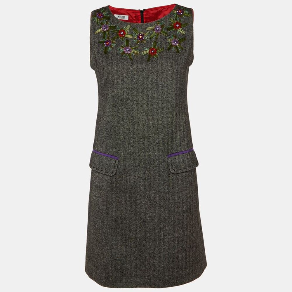 Moschino Cheap And Chic Charcoal Grey Patterned Embellished Shift Dress M